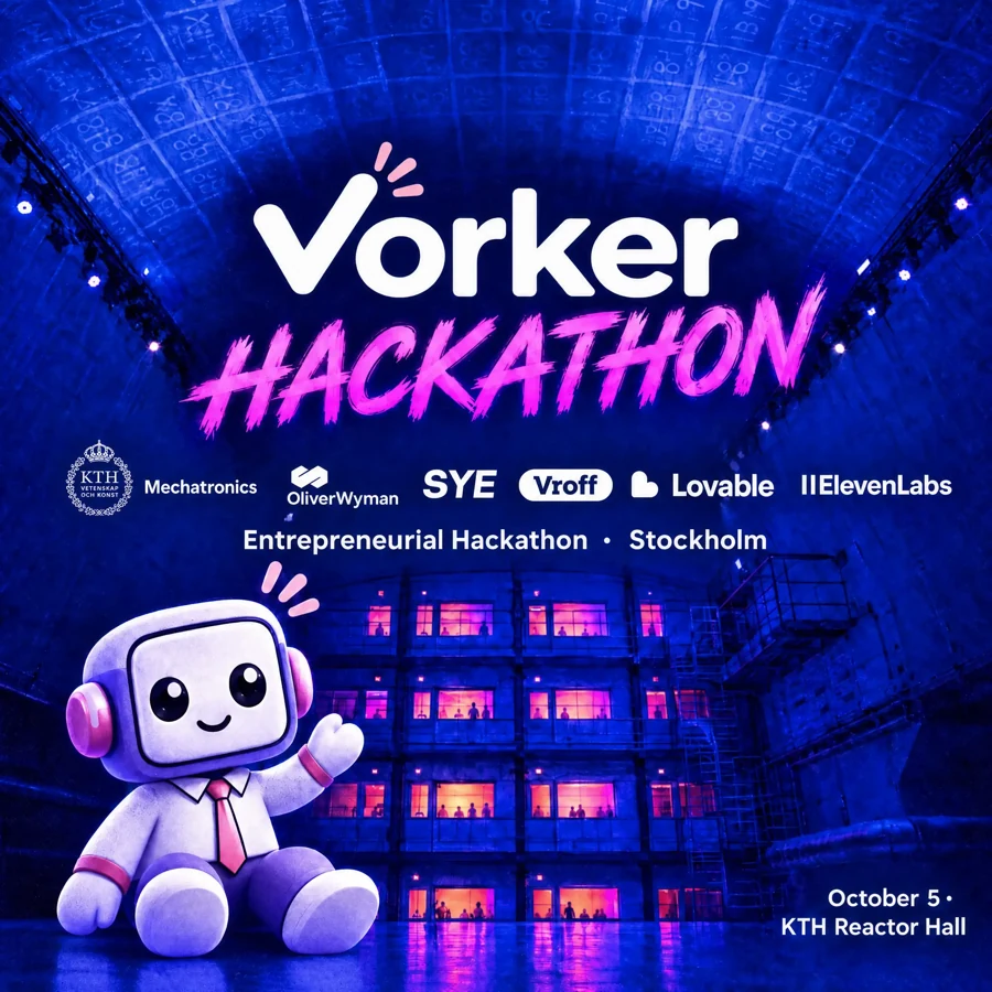 Vorker hackathon poster featuring KTH's reactor hall and the collaborating organisations.
